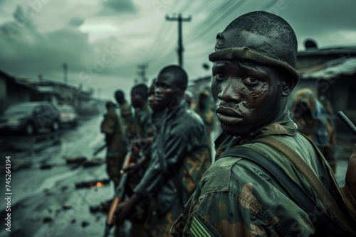 A group of intense, focused soldiers standing ready in an urban conflict zone, under a gloomy, overcast sky.