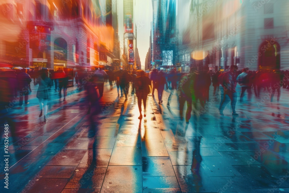 Dynamic long exposure photograph capturing the blurred motion of pedestrians and city lights, embodying urban life's pace.