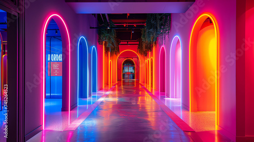 Bold neon lights illuminating the entrance with vibrant hues  drawing attention to the latest beauty trends showcased inside.