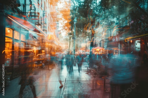 Dynamic long exposure photograph capturing the blurred motion of pedestrians and city lights, embodying urban life's pace.