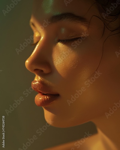 Ethereal Glow on Skincare Model, Close-up of a model with glowing skin highlighted by soft ethereal lighting.