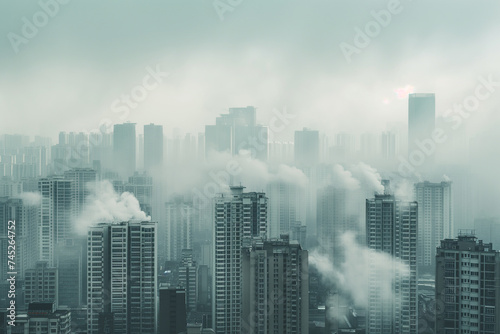 Silhouettes of tall buildings of a large city in a gray haze of gassiness from industrial emissions into the atmosphere. Concept of air protection and ecology.