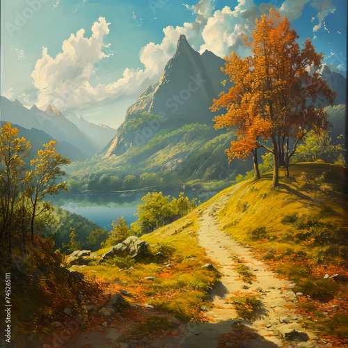 Golden Landscape.  Generated Image.  A digital rendering of a painting in the school of golden landscapes showing a lovely valley with a yellow sky. © lutjo1953