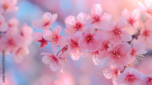 Spring banner, branches of blossoming cherry against background of blue sky and butterflies on nature outdoors. Pink sakura flowers, dreamy romantic image spring, landscape panorama, copy space © LELISAT