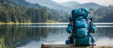 Backpack ready for adventure, overlooking a tranquil mountain lake.