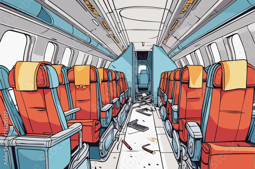 a broken airplane interior with fire in an accident