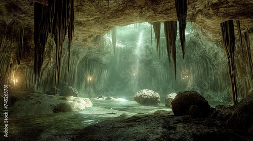 A beautiful underground cave with crystal clear water and rocky formations photo