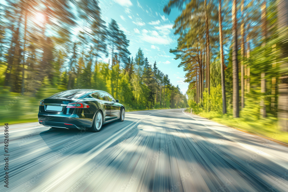Fototapeta premium Modern electric sedan speeds down a tranquil country road, surrounded by lush greenery and bathed in the warm glow of the afternoon sun. Car is driving in natural landscape with motion blur effect