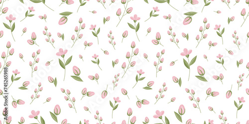 Seamless pattern, pink flowers, wallpaper, vector seamless pattern on white background