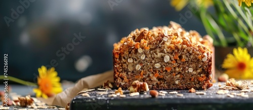 A loaf of delicious vegan banana carrot bread with nutty oats sits prominently on top of a wooden table, inviting thoughts of a perfect vegan treat. photo