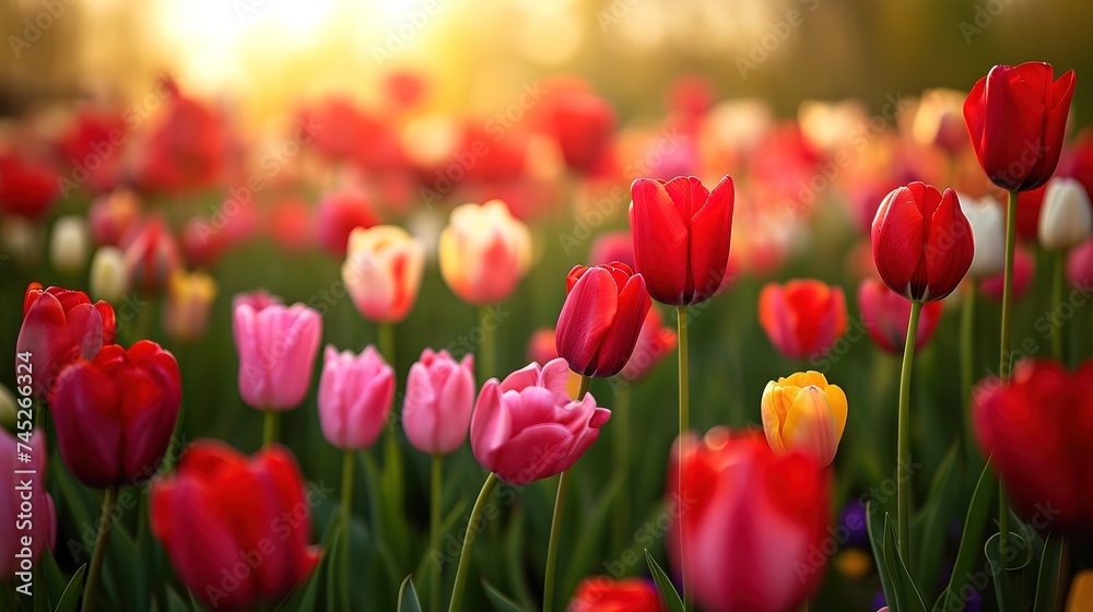 Colorful tulips grow and bloom in close proximity to one another - obrazy, fototapety, plakaty 