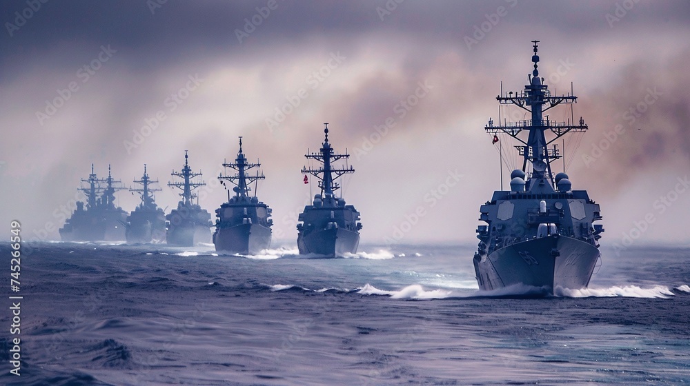 military ships at sea: navy vessels in the pacific as part of a carrier strike group, safeguarding maritime security and conducting combat operations