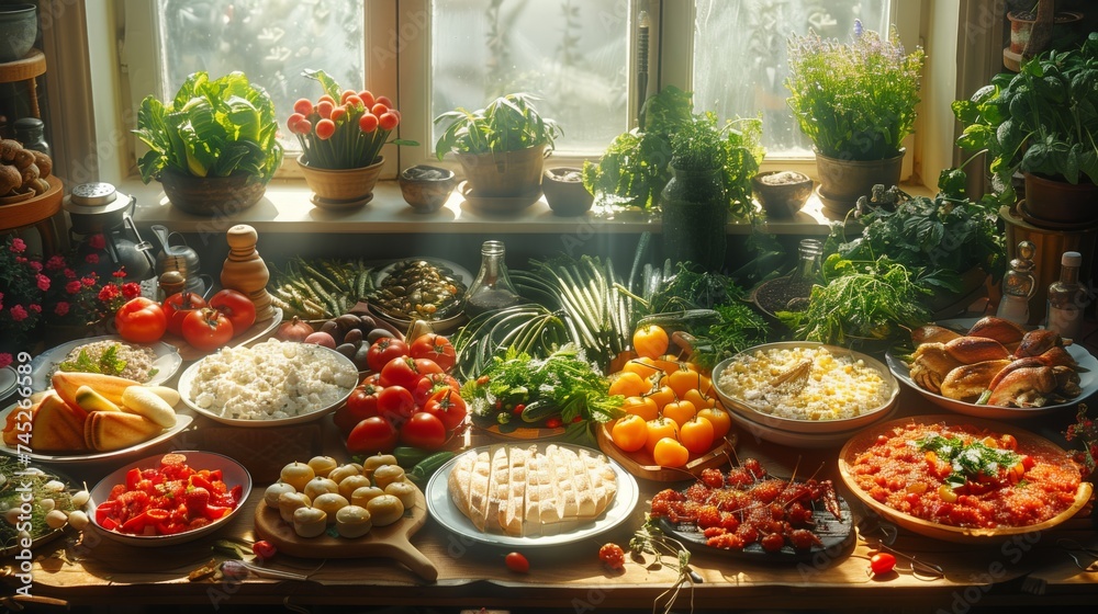 Various types of food, plants, and ingredients displayed on the table