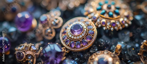 A collection of elegant purple and gold jewelry pieces, crafted from precious metals and adorned with gemstones, is arranged in a beautiful display, with each piece laying on top of each other in a
