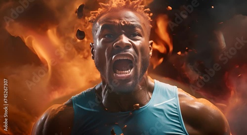 A dark-skinned athlete against the background of an orange explosion, a facial expression full of determination and strength, an emphasis on emotion and dynamism of the moment photo