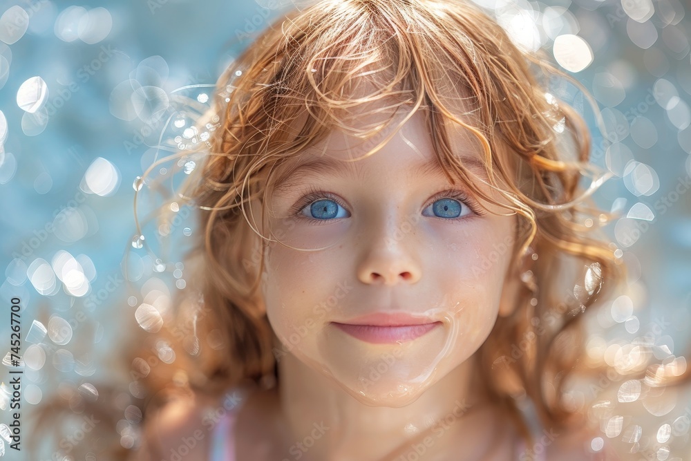 A captivating portrait of a young girl with wet hair and piercing blue eyes, her delicate features and natural beauty captured in stunning outdoor photography A captivating portrait of a young girl with wet hair and piercing blue eyes, her delicate features and natural beauty captured in stunning outdoor photography