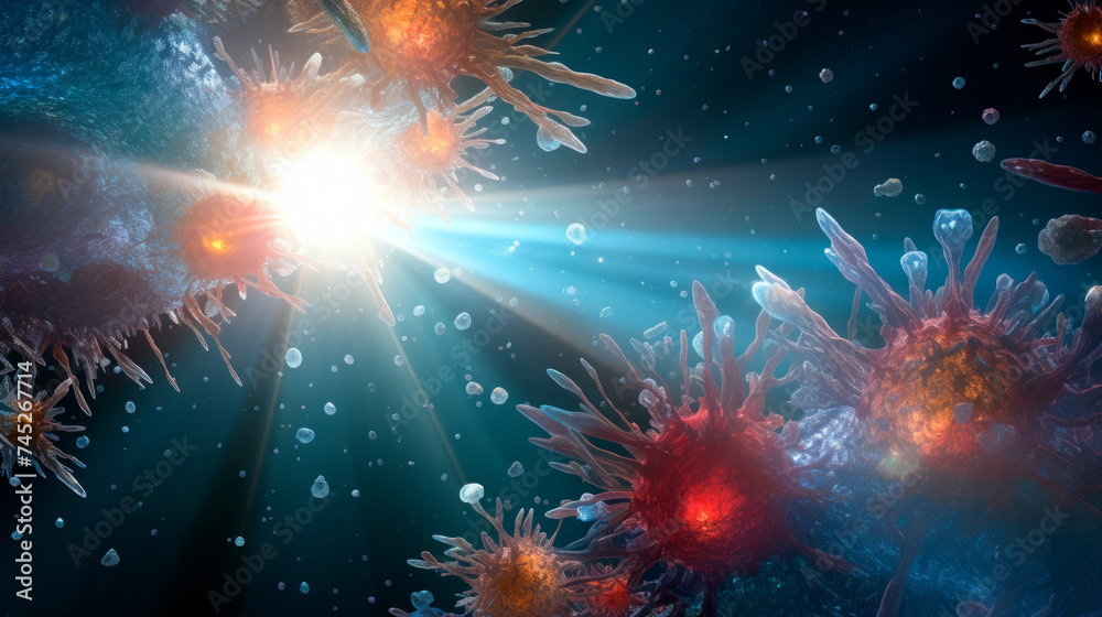 Viruses are vividly illustrated with dynamic light beams, portraying the intense microscopic battles waged within the human body against pathogens. - obrazy, fototapety, plakaty 