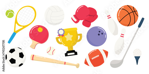 Set of sport equipment element vector. Hand drawn sport element design of basketball, football, golf, volleyball, tennis, baseball, boxing gloves, ruby, bowling, prize. Vector for clipart, sticker.