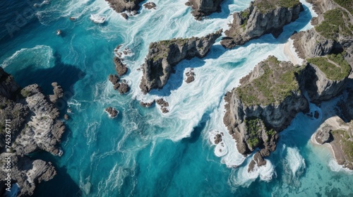 Majestic cliffs embrace the foaming turquoise ocean viewed from above 