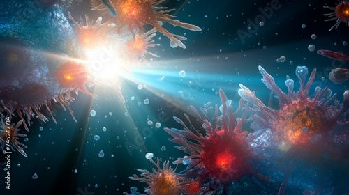 Viruses are vividly illustrated with dynamic light beams, portraying the intense microscopic battles waged within the human body against pathogens.