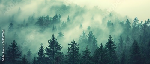 a forest filled with lots of green trees covered in a blanket of fog and smoggy skies with mountains in the distance #745267740