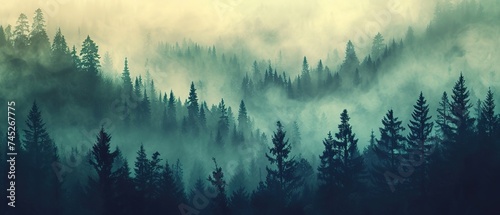 a forest filled with lots of green trees covered in a blanket of fog and smoggy skies with mountains in the distance