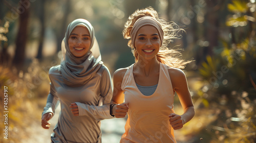 Muslim woman and her Caucasian friend running and doing sports in the park outdoors. Cultural diversity, inclusion and integration. © JMarques