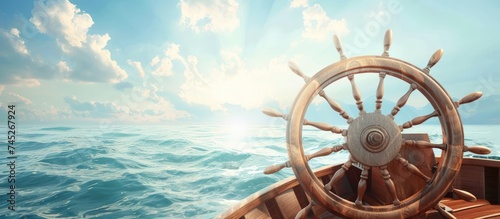 Steering ship on board with sea and sunrise. AI generated image