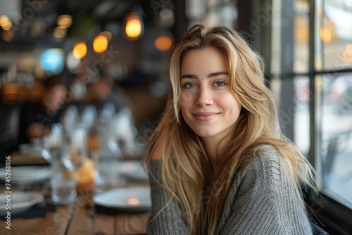 Attractive young woman smiling gently while seated in a cozy restaurant with blurred background