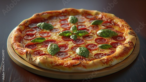 Pizza with pepperoni and basil, a staple dish on a wooden cutting board