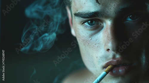 close up of a young man smoking a cigarette