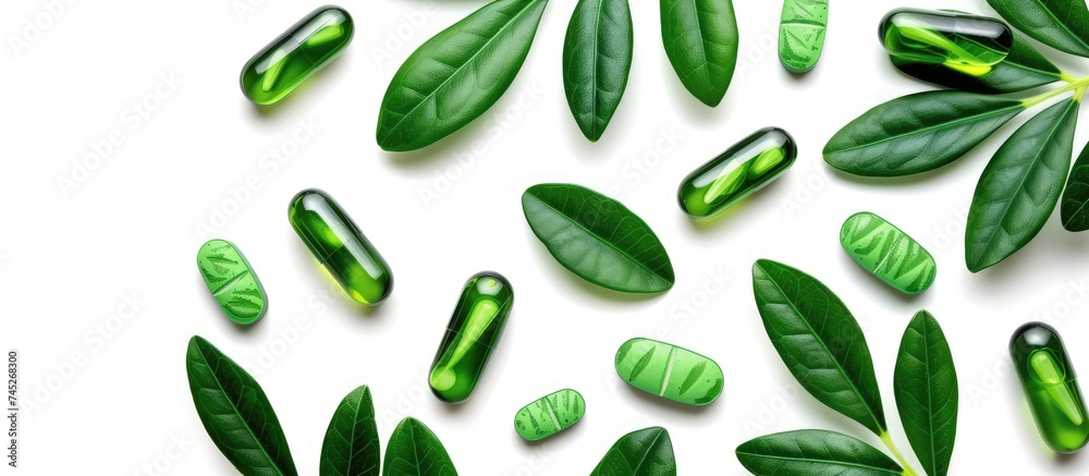 Green leaves and capsules are scattered on a white background, showcasing their natural beauty and intricate details. The vibrant colors stand out against the clean, minimalist backdrop. Green leaves and capsules are scattered on a white background, showcasing their natural beauty and intricate details. The vibrant colors stand out against the clean, minimalist backdrop.