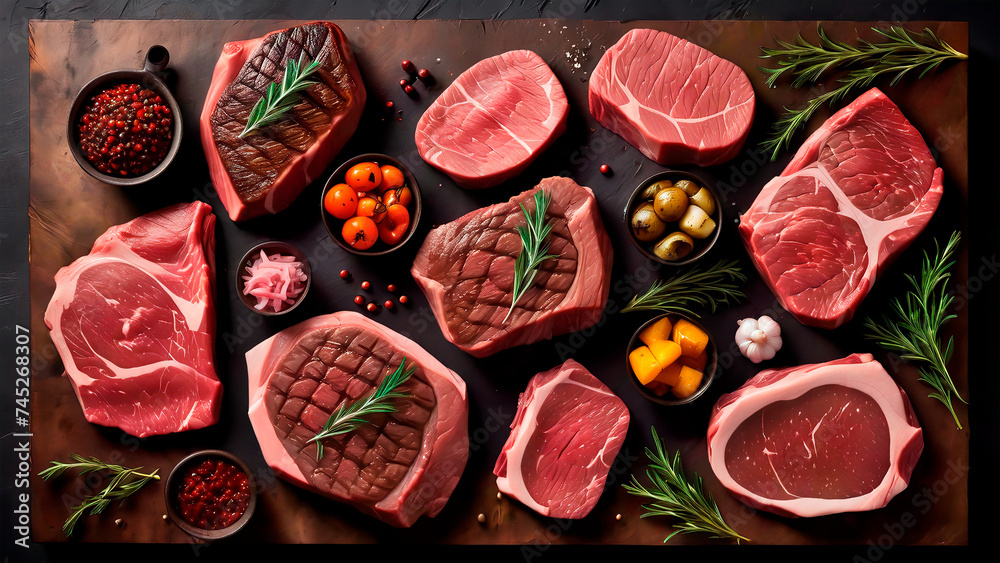 Sumptuous Symphony: A Captivating Culinary Canvas of Prime Beef Steaks and Luscious Raw Cuts on a Rustic, Dark Table