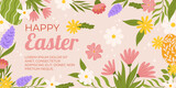 Happy Easter horizontal background template. Design with painted eggs, flowers and leaves around