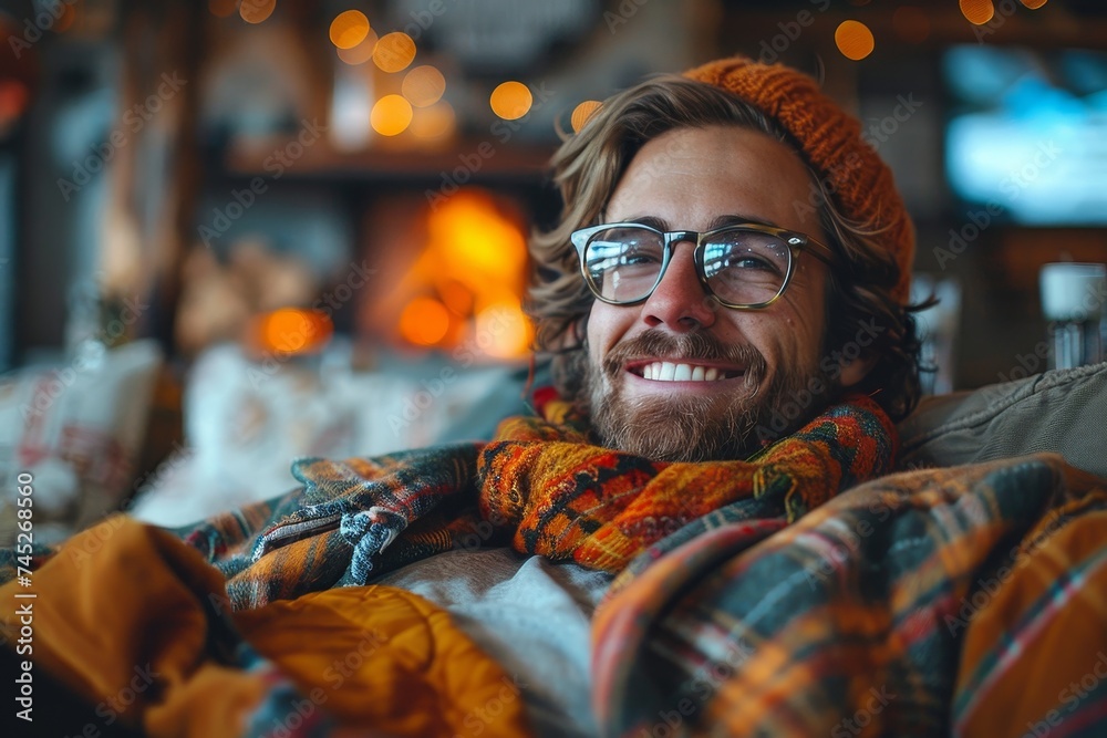 A relaxed person in warm winter clothing unwinds by a glowing fireplace, embodying comfort and serenity in cold season A relaxed person in warm winter clothing unwinds by a glowing fireplace, embodying comfort and serenity in cold season