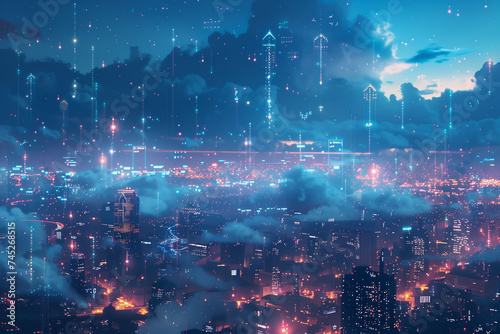 Night over a data-driven city, where clouds and binary stars cast a web of connections and keys, painting a picture of technological unlock and transformation.