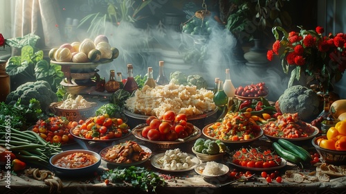 Various types of cuisine and dishes displayed on the table