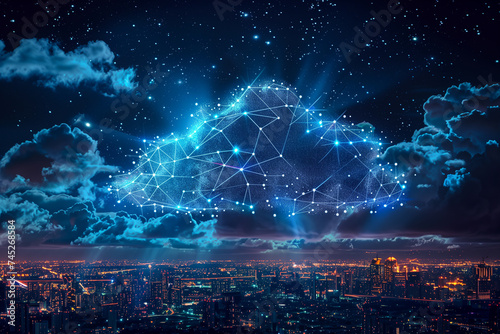The essence of connectivity, with clouds and stars intertwined by binary links over a technologically advanced city, symbolizing the unlocking and evolving of data at night.
