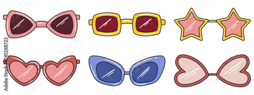 Set of different retro style, hippie sunglasses. Retro aesthetic vibe, 70's. Hand drawn vector flat style vector illustrations