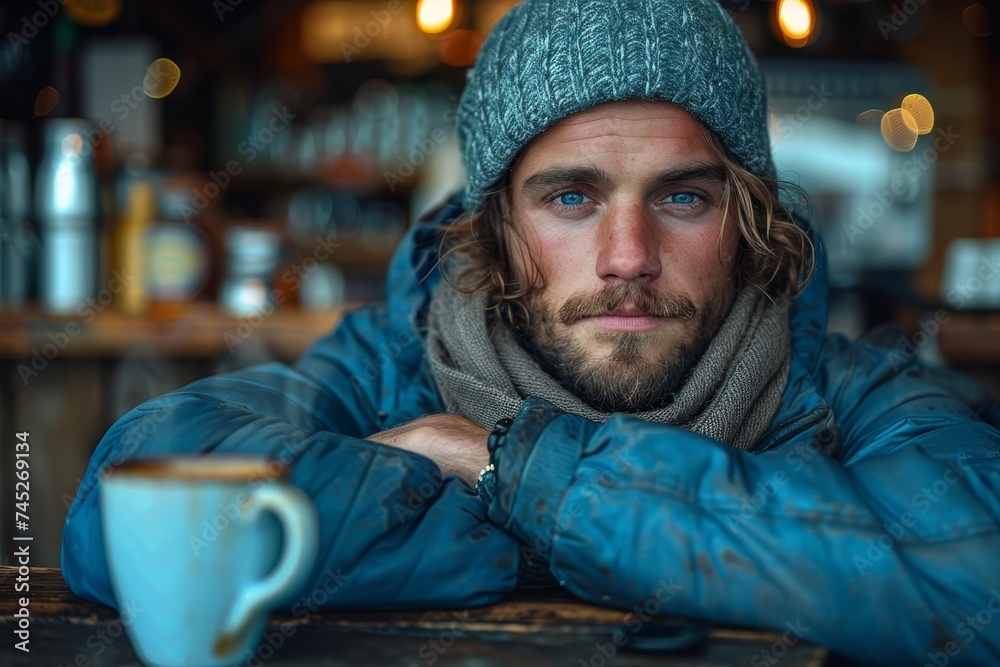 A bearded young man stares into the camera as he leans on a table in a cozy cafe, with a coffee cup in front A bearded young man stares into the camera as he leans on a table in a cozy cafe, with a coffee cup in front