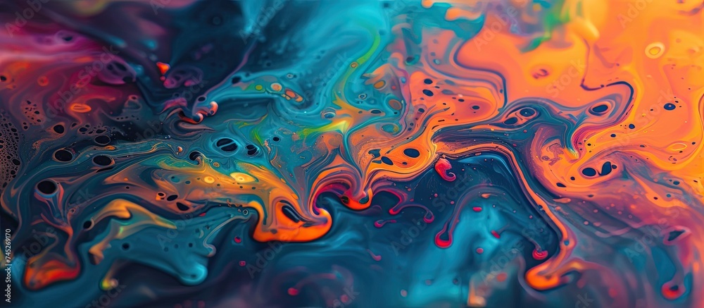 A detailed view of a vibrant and colorful liquid painting, showcasing chaotic bursts of ink and paint on a fluid background. The colors blend and clash in an abstract and dynamic display.