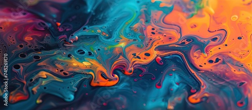 A detailed view of a vibrant and colorful liquid painting, showcasing chaotic bursts of ink and paint on a fluid background. The colors blend and clash in an abstract and dynamic display.