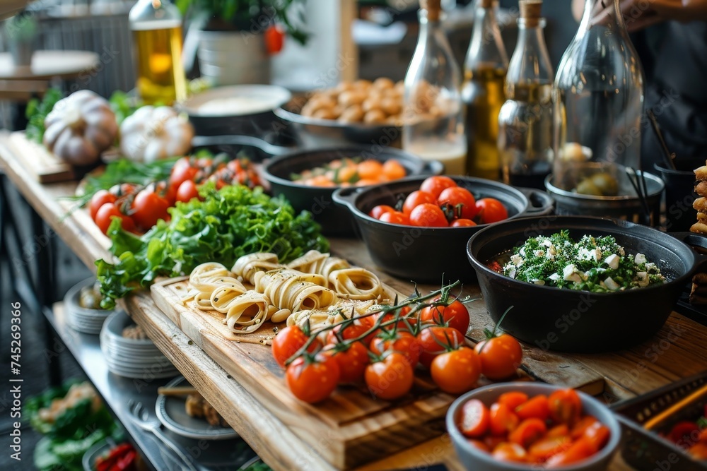 An appetizing spread of fresh Italian ingredients and prepared dishes ready for cooking or serving An appetizing spread of fresh Italian ingredients and prepared dishes ready for cooking or serving