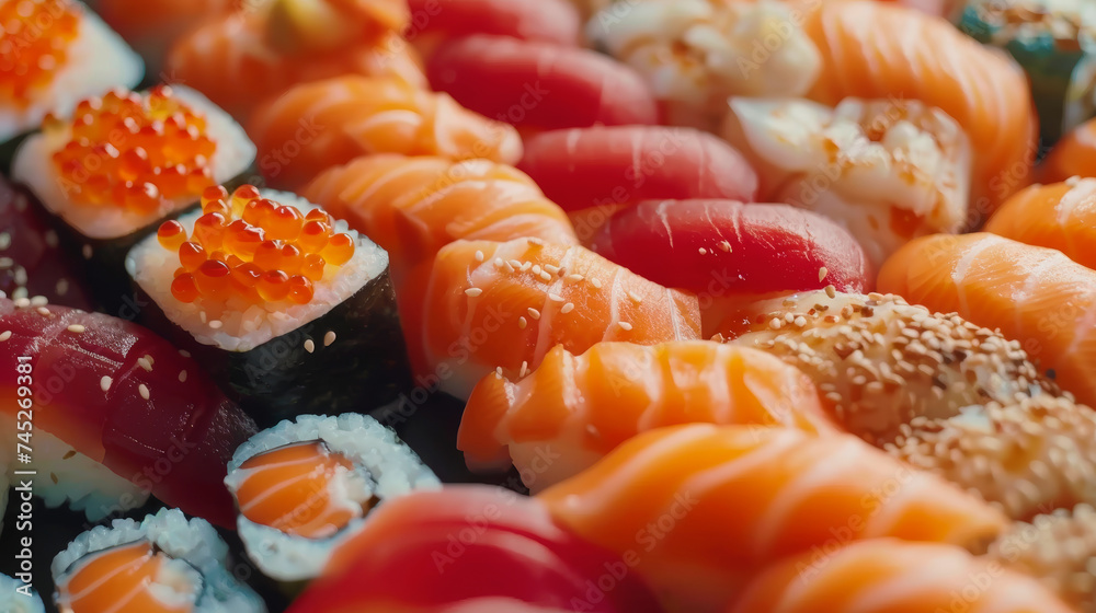 A variety of Japanese sushi with tuna and perch. Assorted sushi nigiri and a large set of maki on a slate. A large set of delicious sushi. A variety of Japanese sushi with tuna and perch. Assorted sushi nigiri and a large set of maki on a slate. A large set of delicious sushi.