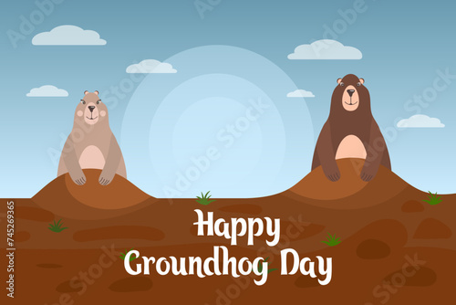 Happy groundhog day, funny groundhog characters crawls out of the ground. Congratulation banner, postcard, poster, vector