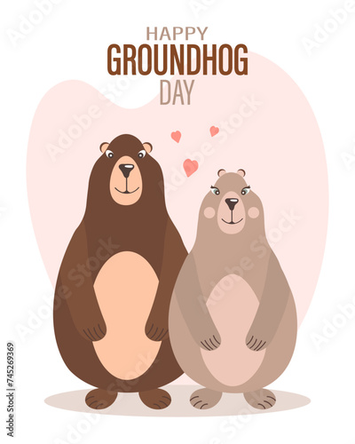 Happy groundhog day, pair of groundhogs in love with hearts. Congratulatory banner, card, poster, vector