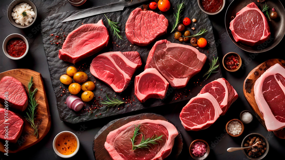Sumptuous Symphony: A Captivating Culinary Canvas of Prime Beef Steaks and Luscious Raw Cuts on a Rustic, Dark Table Sumptuous Symphony: A Captivating Culinary Canvas of Prime Beef Steaks and Luscious Raw Cuts on a Rustic, Dark Table