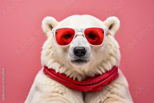 A polar bear wearing red glasses and looking at the camera