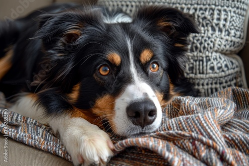 A comforting image showcasing a black and tan dog with vibrant eyes nestled among cozy blankets on a couch