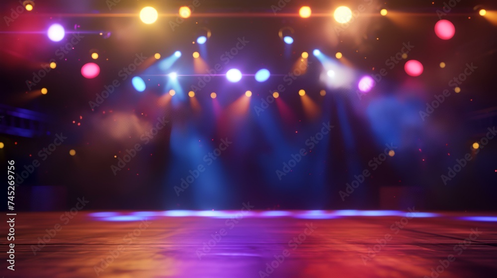 Stage Spotlight with Blurred Background and Lights. 3D Rendering